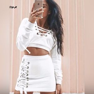White Hoodie Lace Up Skirt Set